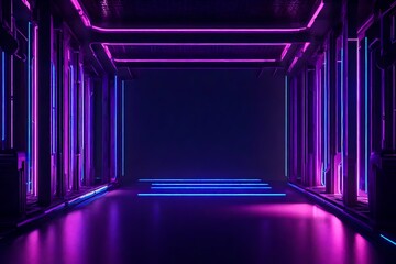 Create a mesmerizing 3D-rendered image that showcases a neon-lit rectangle frame with elegant lines and tubes in purple, pink, and blue hues, set against a gritty, concrete brick room. Use dramatic li