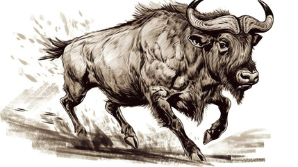black and white, sepia buffalo illustration