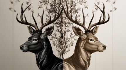 Mirrored Stags Design, Deer illustration, black and sepia