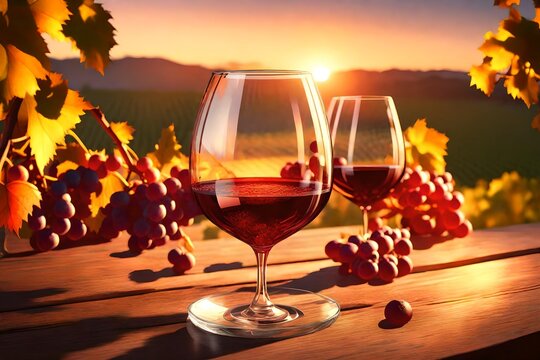 Generate a stunning 3D-rendered image of a crystal-clear glass filled with rich, red wine, set on a rustic wooden table in the midst of a vineyard during a beautiful sunset. Capture the warm, golden h