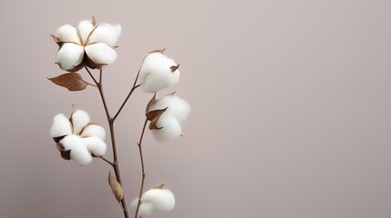 a branch of cotton with leaves on a gray background with a light pink background.  generative ai