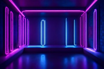 Create a mesmerizing 3D-rendered image that showcases a neon-lit rectangle frame with elegant lines and tubes in purple, pink, and blue hues, set against a gritty, concrete brick room. Use dramatic li - obrazy, fototapety, plakaty