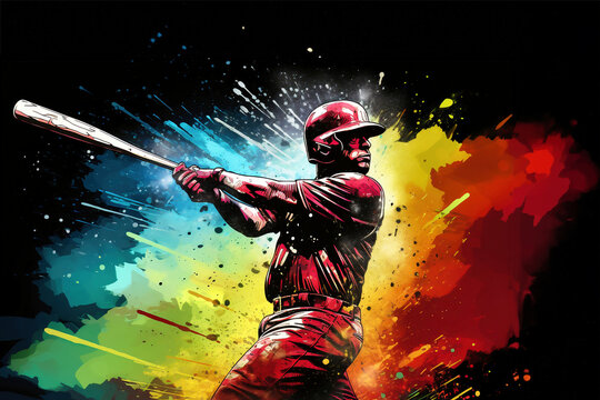 Photo of a baseball player with a bat in a vibrant painting