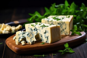 A couple of pieces of cheese sitting on top of a wooden cutting board - obrazy, fototapety, plakaty