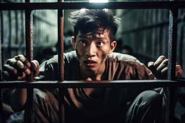 An Asian male prisoner in a cell behind bars. Chinese guy behind bars. The pain and suffering of the prisoner. Judgment. Hopelessness. - obrazy, fototapety, plakaty