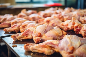 Poultry farm production of chicken meat. Industrial production and packaging of chicken meat. Chicken carcases and tenderloin. modern food industry. - obrazy, fototapety, plakaty