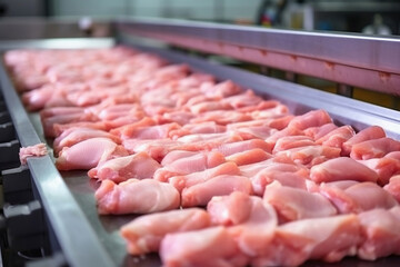 Poultry farm for the production of chicken meat. Industrial production and packaging of chicken meat. Chicken fillet and tenderloin on a conveyor in the workshop. modern food industry. - obrazy, fototapety, plakaty