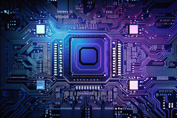 A powerful computer processor or chip on a motherboard. Modern technologies. Blue background. - obrazy, fototapety, plakaty