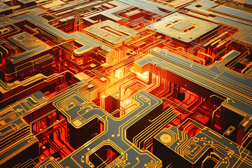 A powerful computer processor or chip on a motherboard. Modern technologies. Red background. - obrazy, fototapety, plakaty
