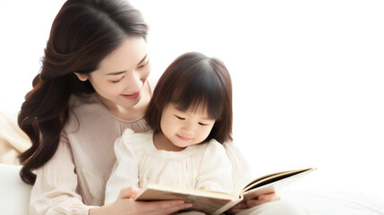Asian mommy reads bedtime story to her little kid in the bedroom with warm and love with white background, showing love and care to the daughter, Mother and daughter, Parenting - obrazy, fototapety, plakaty