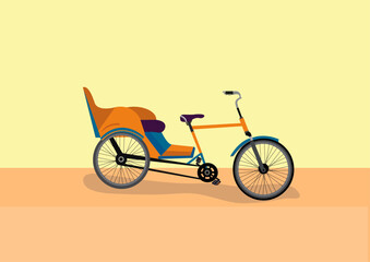Vector illustration of side view of Indian rickshaw cycle on light yellow background.
