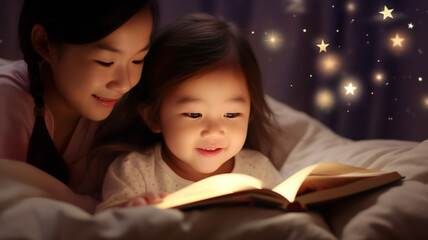 Asian mommy reads bedtime story to her little kid in the bedroom with warm and love with warm background, showing love and care to the daughter, Mother and daughter, Parenting - obrazy, fototapety, plakaty