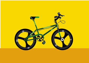 Vector illustration of side view of kids mountain cycle with 7-speed gear and handbrake for age group between 6-8 years on yellow background.
