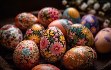 Fototapeta na wymiar easter eggs in a basket, colorful russian style decor