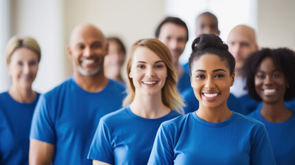 Corporate volunteer event with participants wearing blue shirts