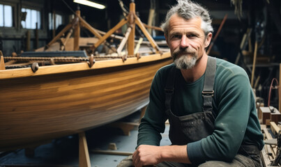 Master of the Sea: Boat Builder and Shipwright at Work. - obrazy, fototapety, plakaty