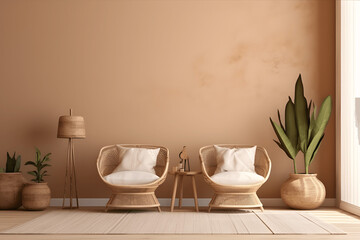 Boho cozy living room design, bright wall mockup, 3d render, 3d illustration.