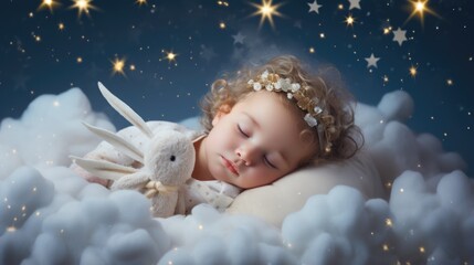 A little girl sleeping on a cloud with a bunny