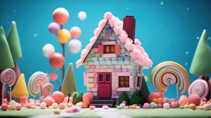 A house made out of lego blocks surrounded by candy