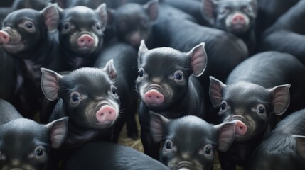 A group of small black pigs standing in a pile