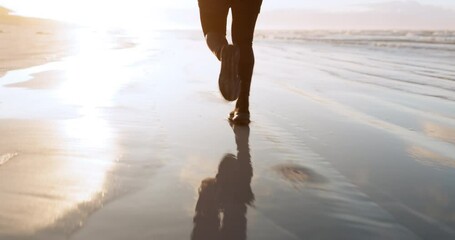 Fitness, sea or legs of runner on sand in cardio workout or exercise with speed training in Miami. Footwear, running or closeup of sports athlete sprinting or jogging at sunset in nature or beach - Powered by Adobe
