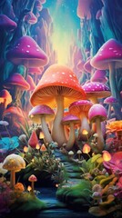 A group of mushrooms sitting on top of a lush green forest