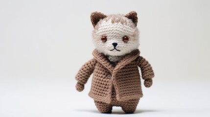 A crocheted stuffed animal wearing a coat