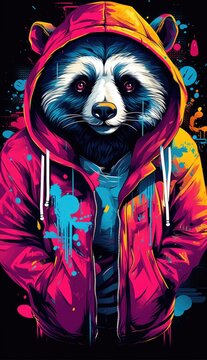 A raccoon wearing a hoodie with paint splatters on it