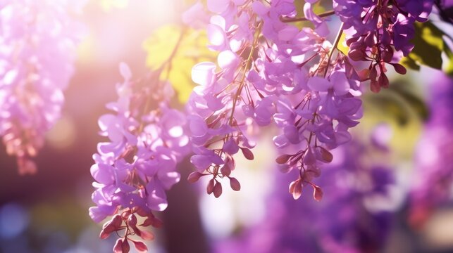 A bunch of purple flowers hanging from a tree