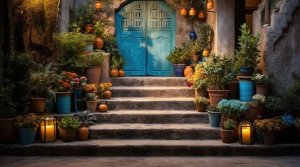  a set of steps leading up to a blue door surrounded by potted plants.  generative ai