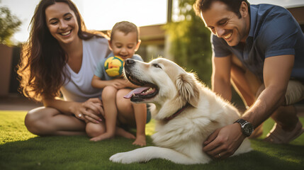 Portrait of a smiling family playing with their dog in the backyard. Cheerful family having fun sitting on a grass in their backyard