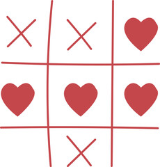 Tic tac toe game with red heart and cross sign mark in the center love card flat design background