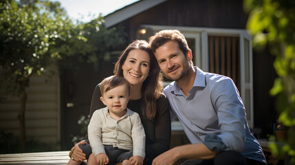Portrait of a smiling family relaxing in the backyard of a house, Happy family spending time together in the garden at home.