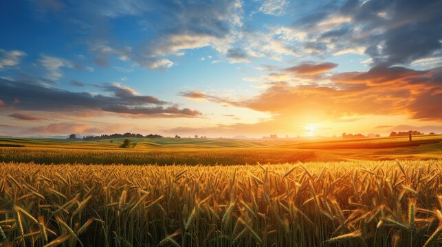  the sun is setting over a field of wheat in the country. generative ai © Olga