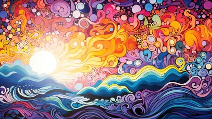  a painting of a sunset over a body of water with colorful waves.  generative ai