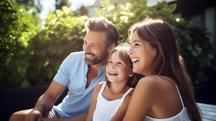 Fototapeta premium Portrait of a smiling family relaxing in the backyard of a house, Happy family spending time together in the garden at home.