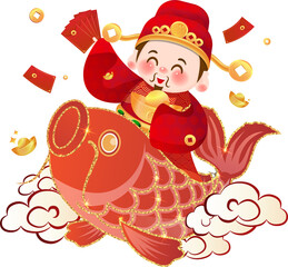 Cute cartoon God of Wealth, traditional Chinese deity