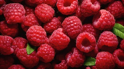  a pile of raspberries with green leaves on top.  generative ai