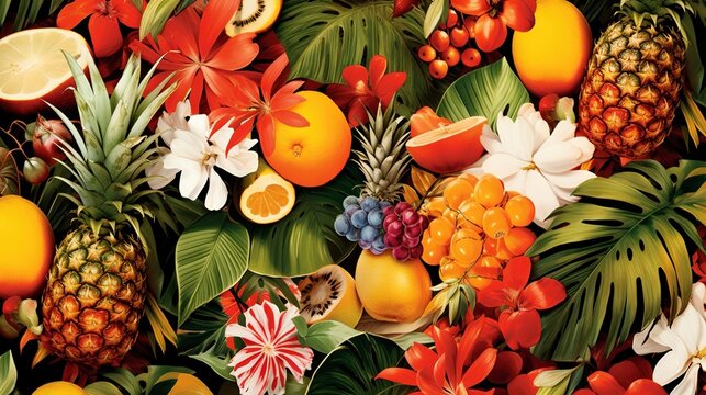 a painting of a bunch of fruit and flowers on a table.  generative ai