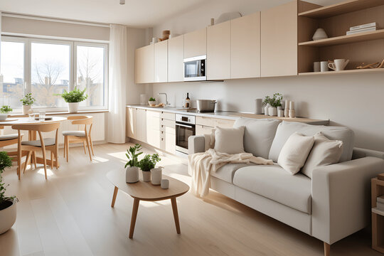 Spacious interior design, bright studio apartment in Scandinavian style and warm pastels, white and beige,Trendy furniture in the living area and modern details in the kitchen.