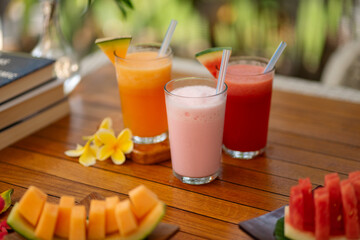 photo of a melon watermelon milkshake fresh juice drink in a desk