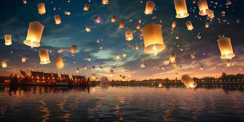  Sky lanterns lantern lighting ceremony at sunset, Beautiful Lantern floating in sky over river. Generative AI - obrazy, fototapety, plakaty