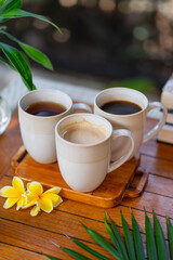 hot drink coffee cappuccino and tea in selective focus