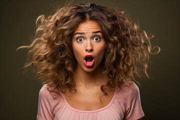 Captivating young woman with frizzy hair in utter confusion holding a smoking hairdryer, against a plain studio background. Perfect for portraying humor and astonishment.