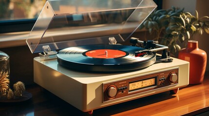 Old stylish vintage retro music vinyl player with records poster