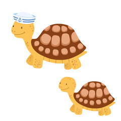 Vector cute smiling turtle with sailor hat isolated on white background. Baby character illustration
