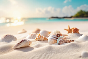 Fototapeta na wymiar Summer's Bounty: Seashells on an Aqua Island Beach