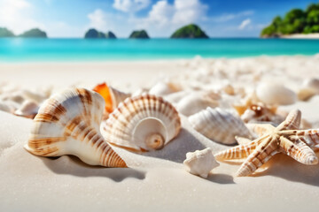 Fototapeta na wymiar Tropical Tranquility: Seashells on a White Sandy Seacoast