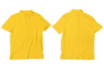 Blank Gold Polo Shirt Mockup Template Front and Back View Isolated Background