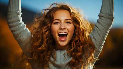 Joyful teenage girl in cozy sweater leaps in victory after tackling challenging math problem, against vibrant studio backdrop. Engaging and relatable emotion.